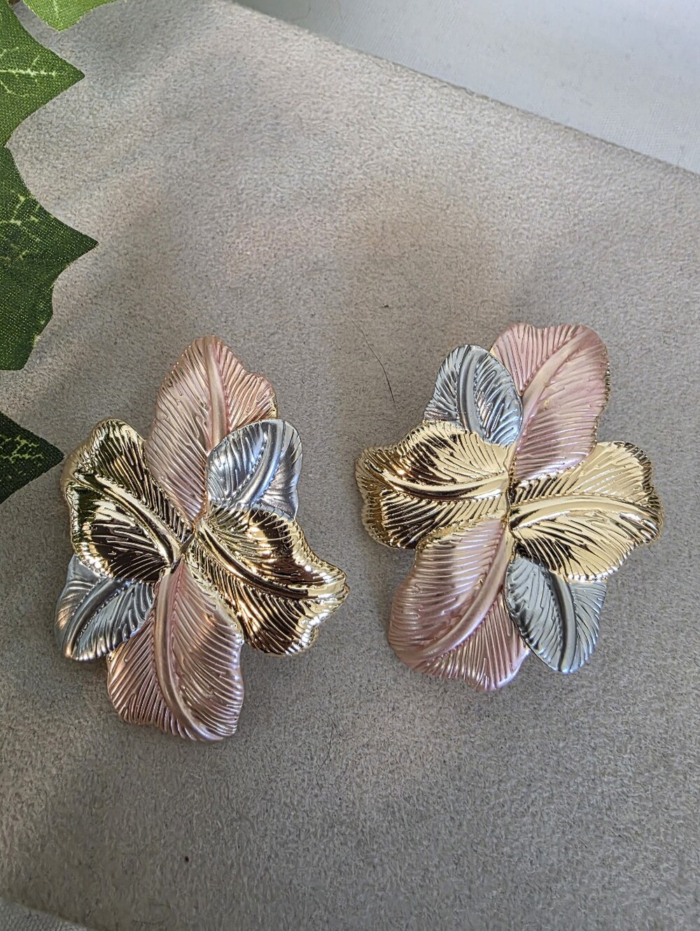 Gold Filled Tri-Tone Textured Leaf Statement Earrings Floral Botanical